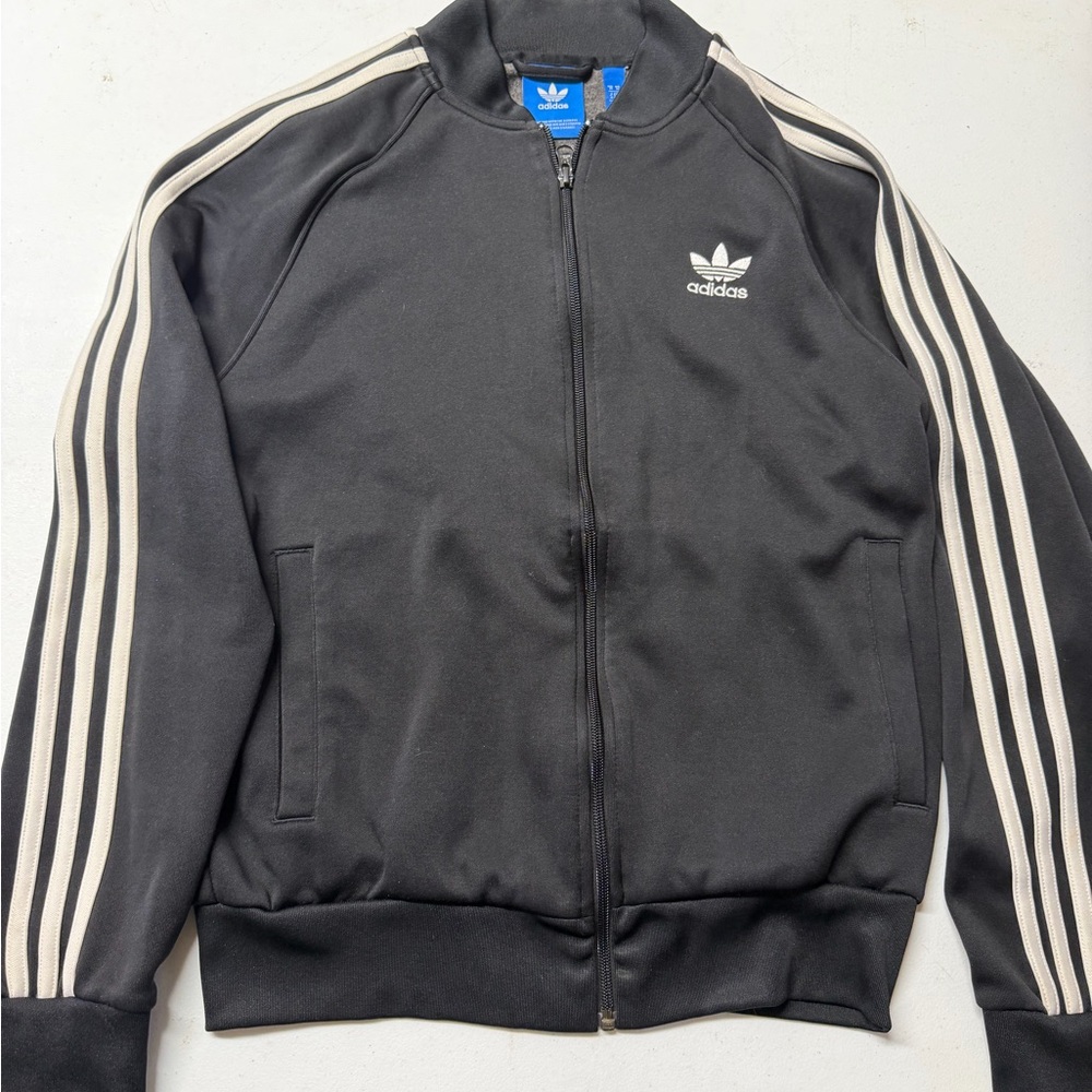 adidas Black Track Jacket with White Logo and Stripe Accents